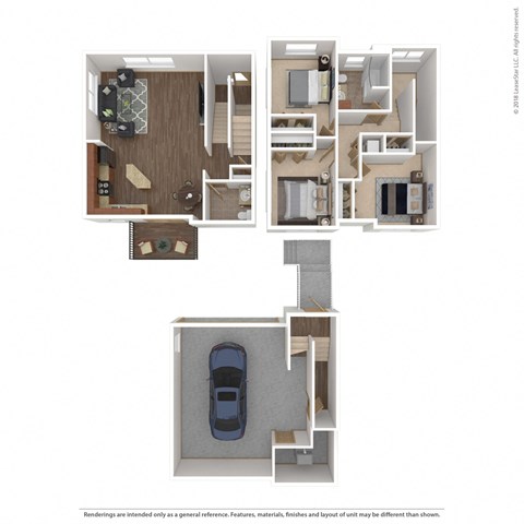 a stylized floor plan of a 3 bedroom apartment at Boulder Ridge, Duluth, MN 55811